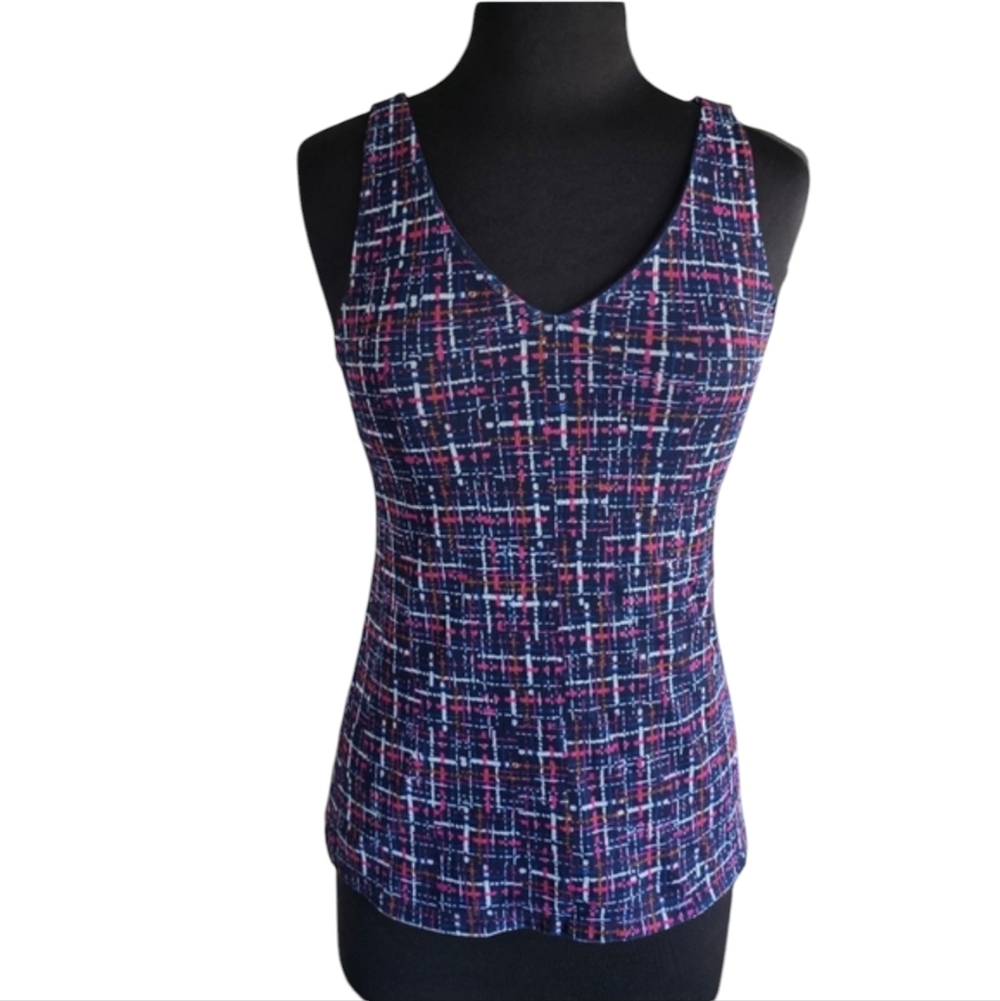 Euro Mesh Chicos 0 Small Tank Women's Pink Blue Plaid Patterned Top Stretch